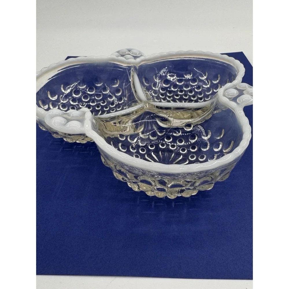 Anchor Hocking Candy Dish Hobnail Opalescent Moonstone Glass 3 Section 6.5